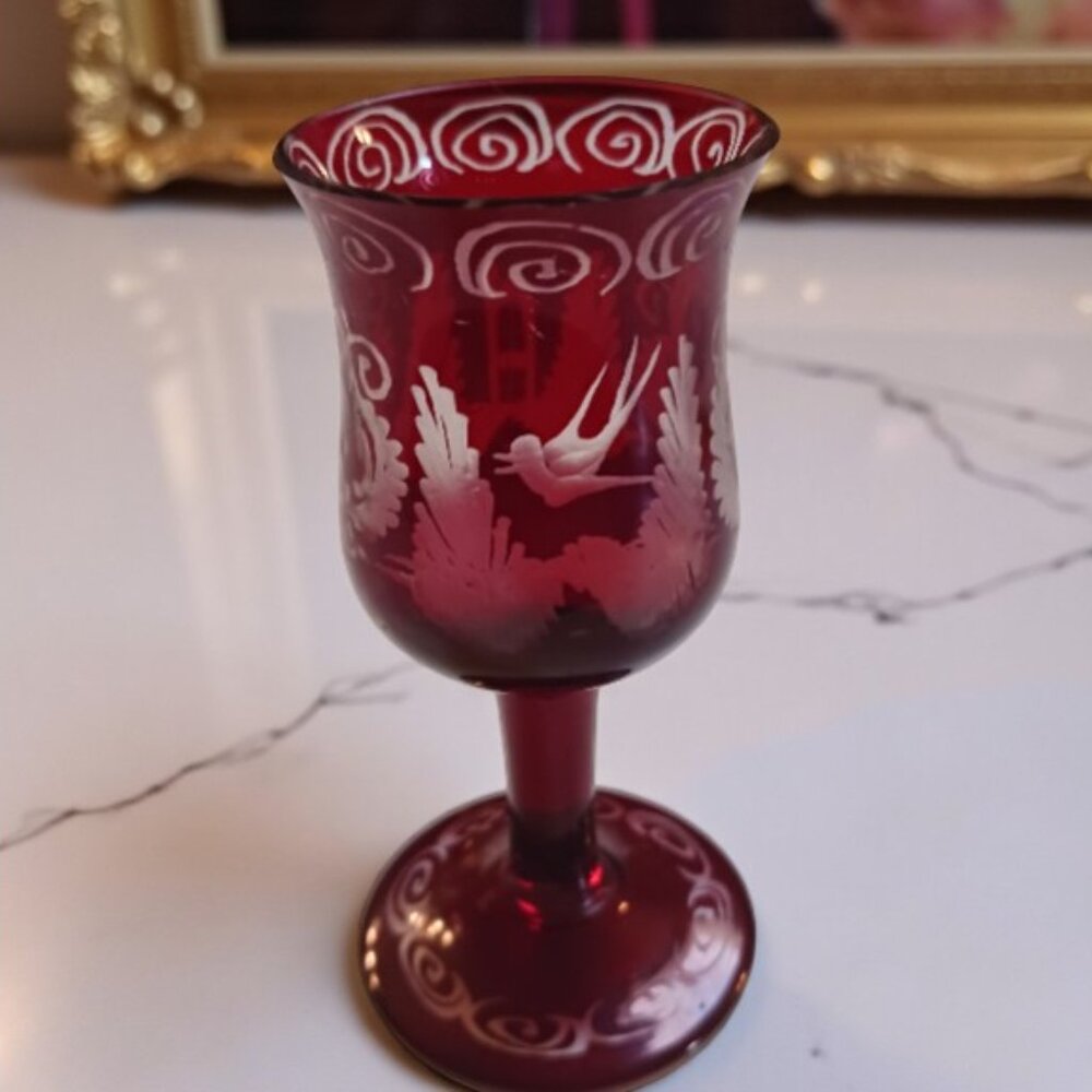 Antique Edwardian Ruby Red Etched Czech Cordial Glass – Vintage Barware